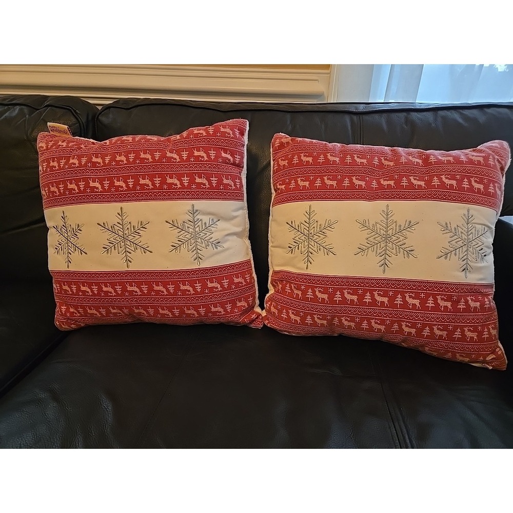 Pair Christmas Holiday Decorative Throw Pillow Snowflakes Reindeer 16x16